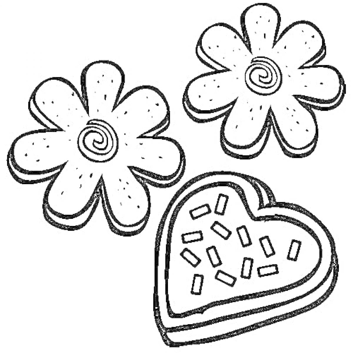 Раскраска Пряники в виде двух цветов и одного сердца с присыпкой