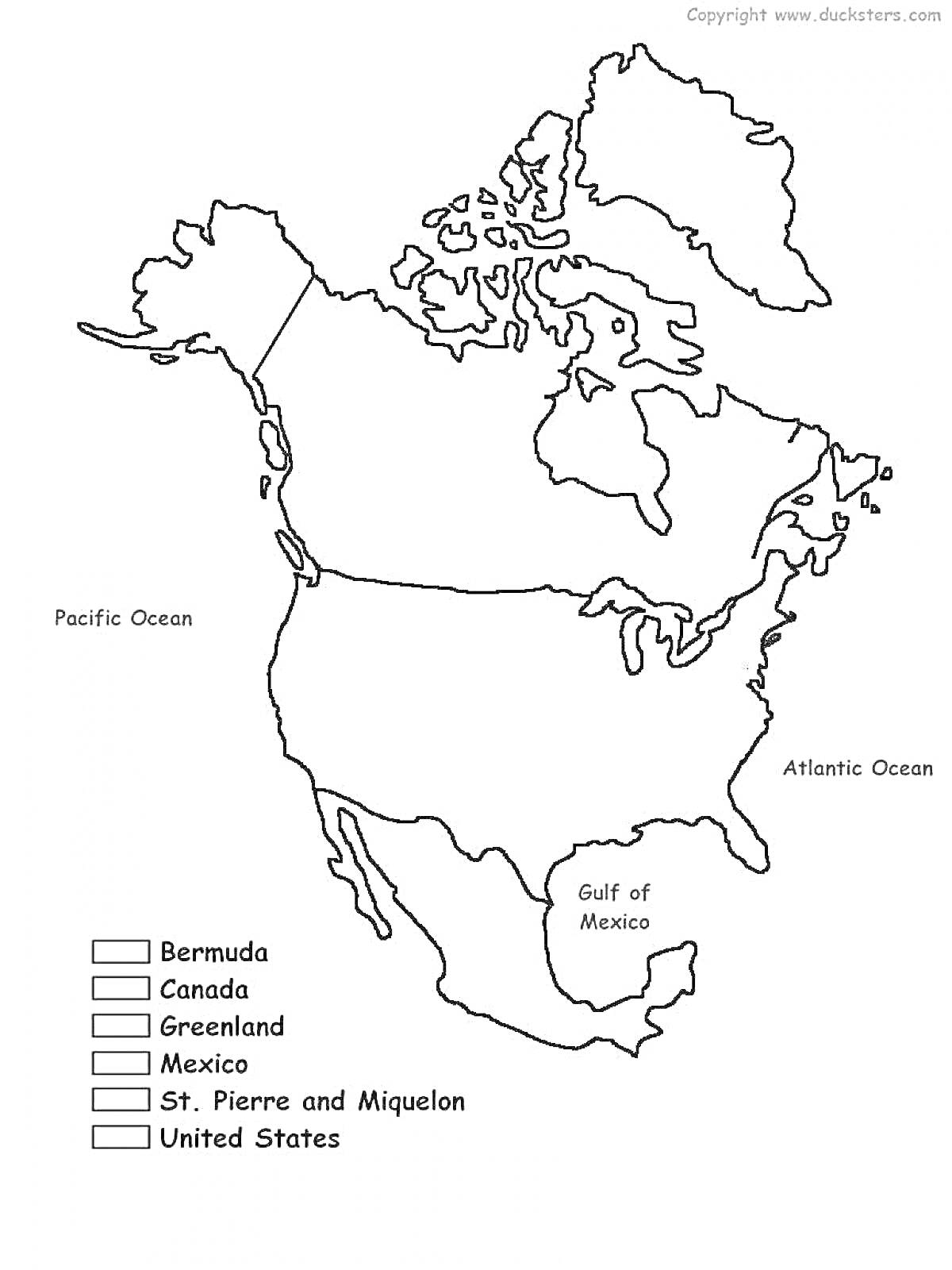 На раскраске изображено: Северная Америка, Карта, Канада, Мексика, Тихий океан, Атлантический океан