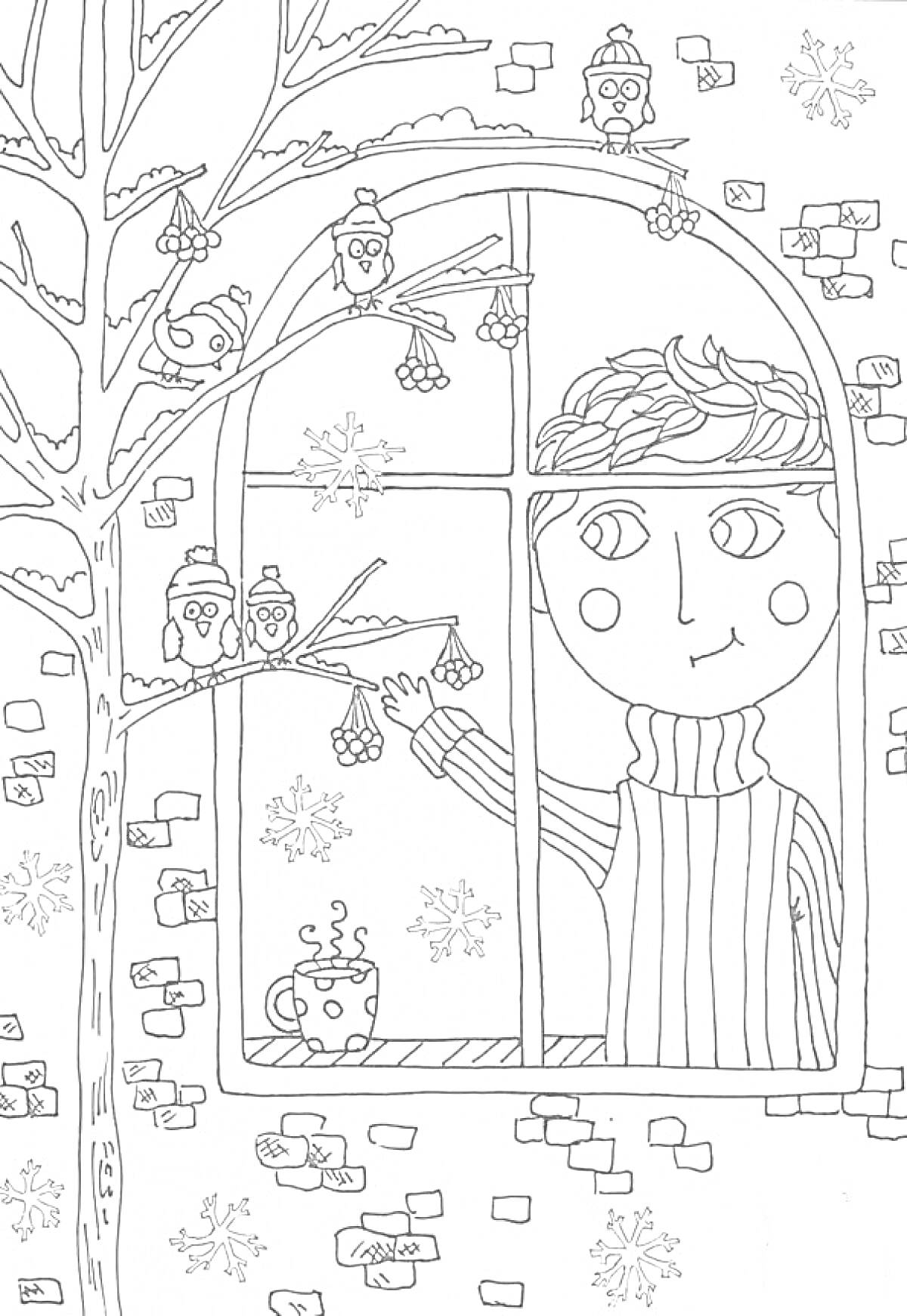 На раскраске изображено: Мальчик, Зима, Снежинки, Чай, Кирпичная стена, Снегирь, Окна, Деревья, Ветка