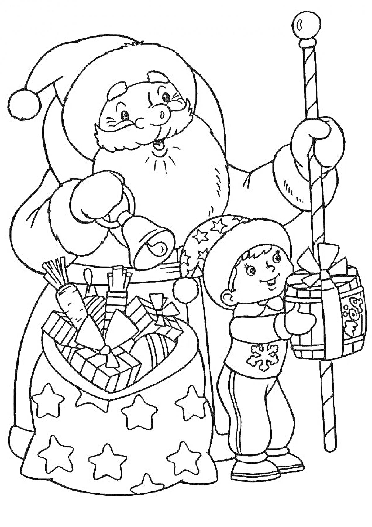 На раскраске изображено: Дед Мороз, Подарки, Звезды, Зима, Новогодняя ночь