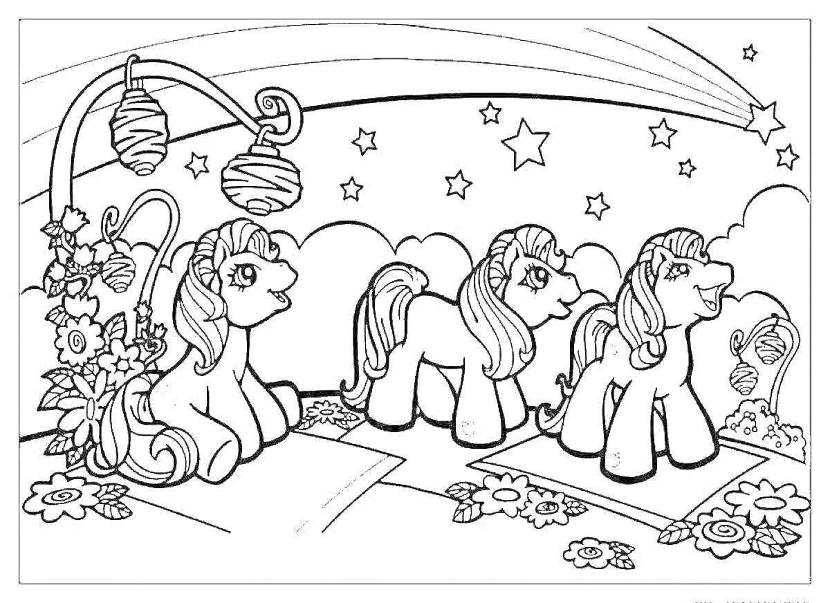 На раскраске изображено: My Little Pony, Пони, Цветы, Звезды, Ночь, Природа