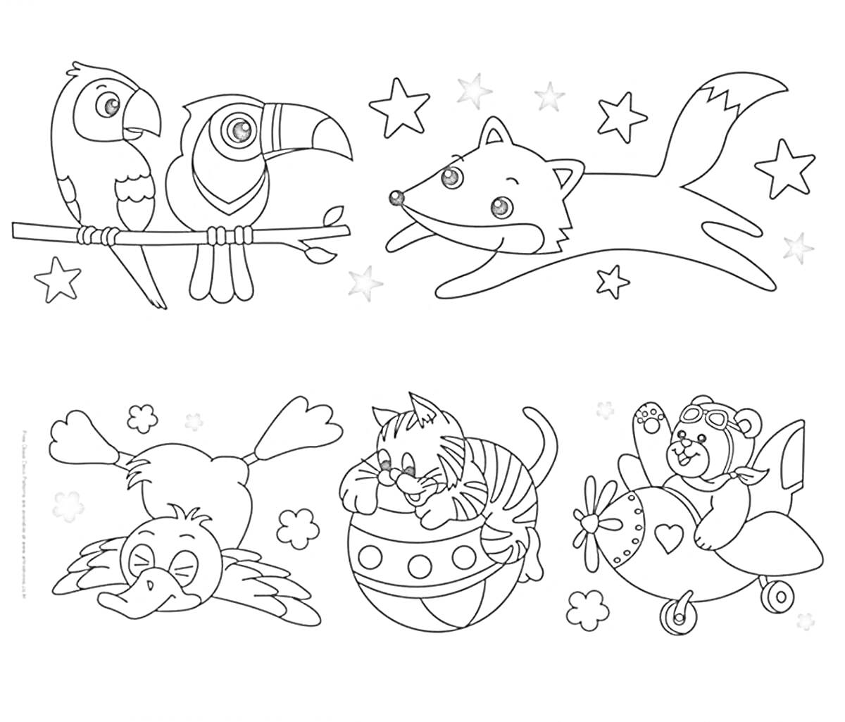 Раскраска птицы на ветке, лиса со звездами, утка на облаке, кот в космическом корабле, медведь на самолете