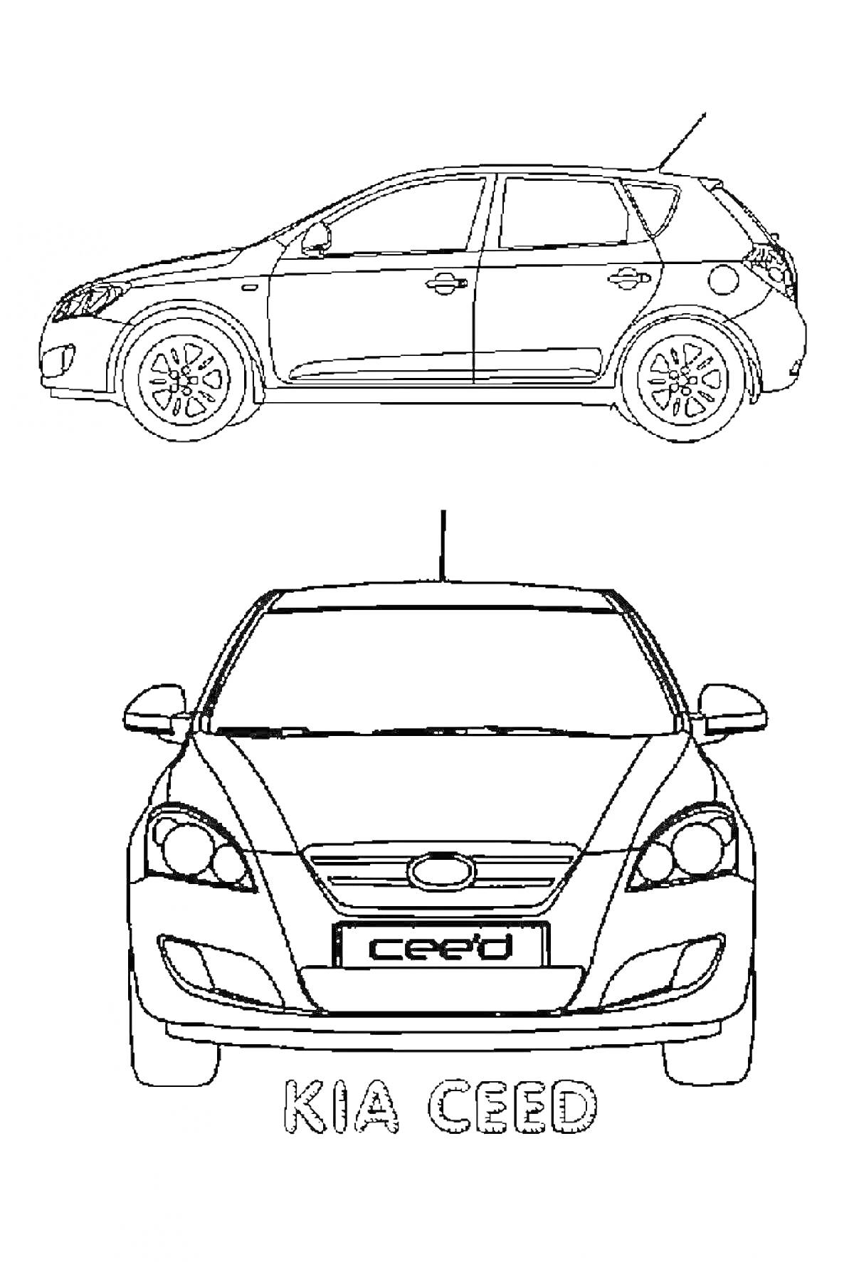 На раскраске изображено: KIA Ceed, Транспорт, Автолюбитель, Дизайн автомобиля