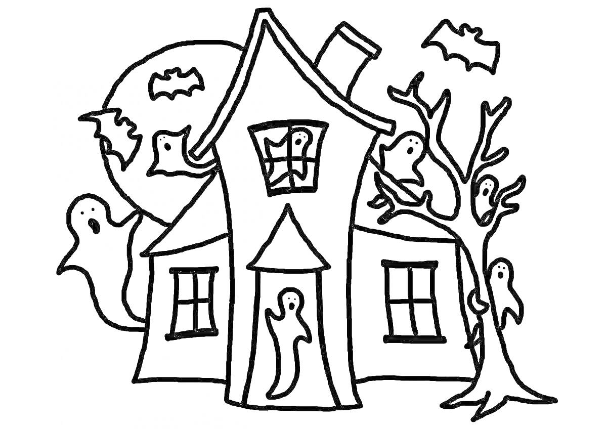 На раскраске изображено: Дом, Привидения, Луна, Окна, Крыша, Ночь, Страх, Хэллоуин