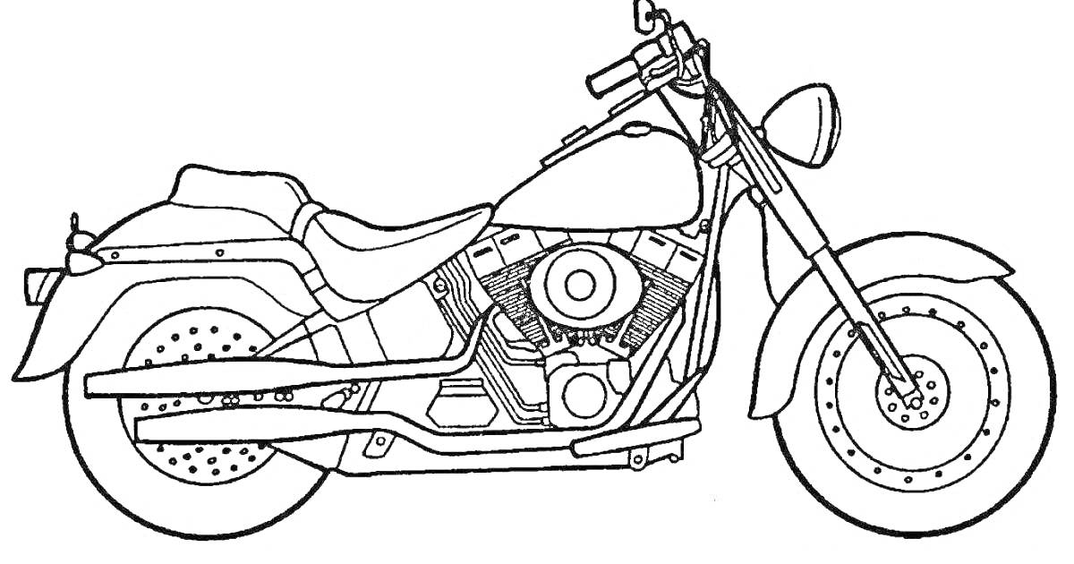 Раскраска Мотоцикл с сиденьем, двигателем, двумя колёсами и рулем