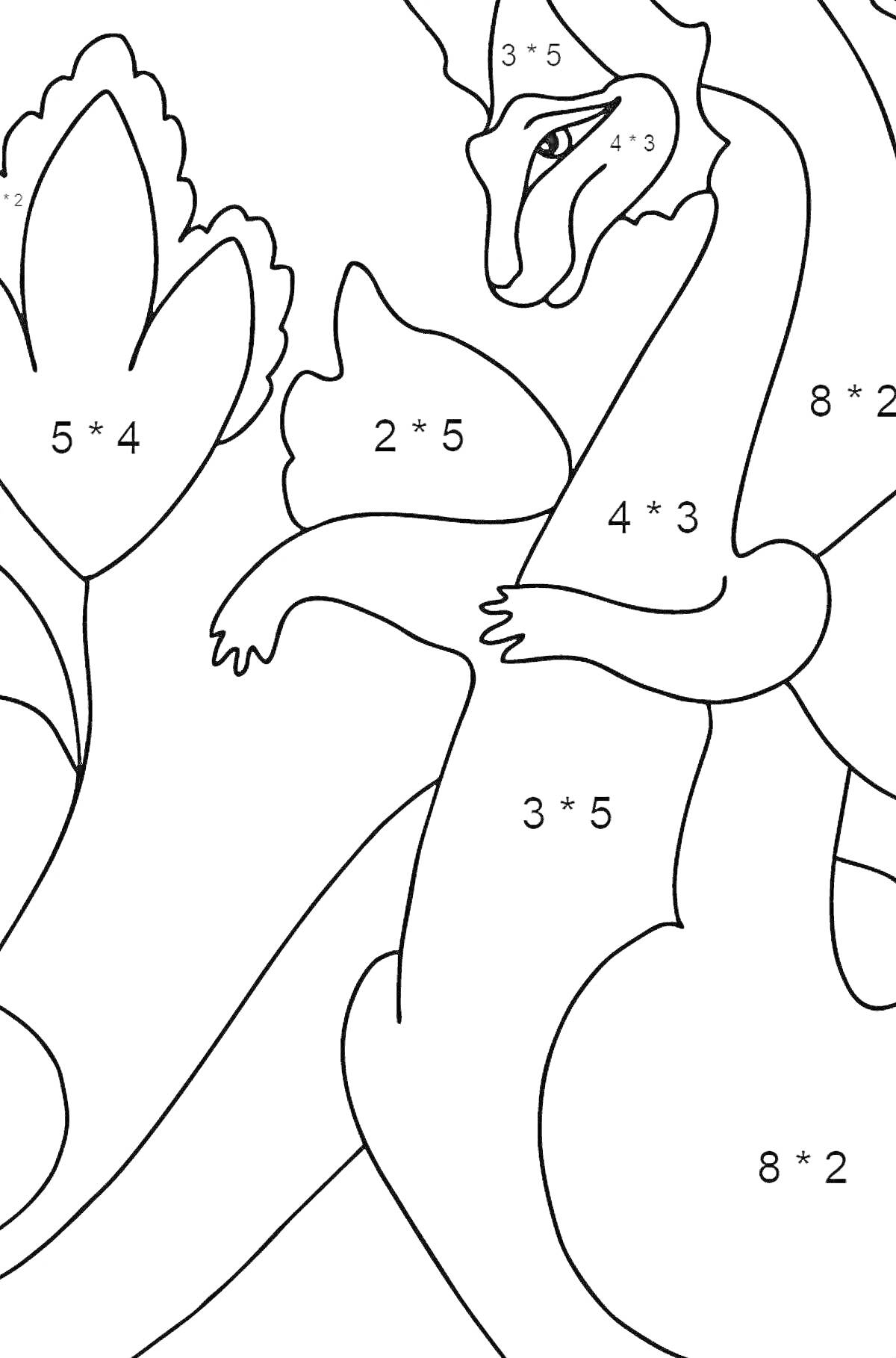 На раскраске изображено: Дракон, Математика, Умножение, Листья, Занятие для детей
