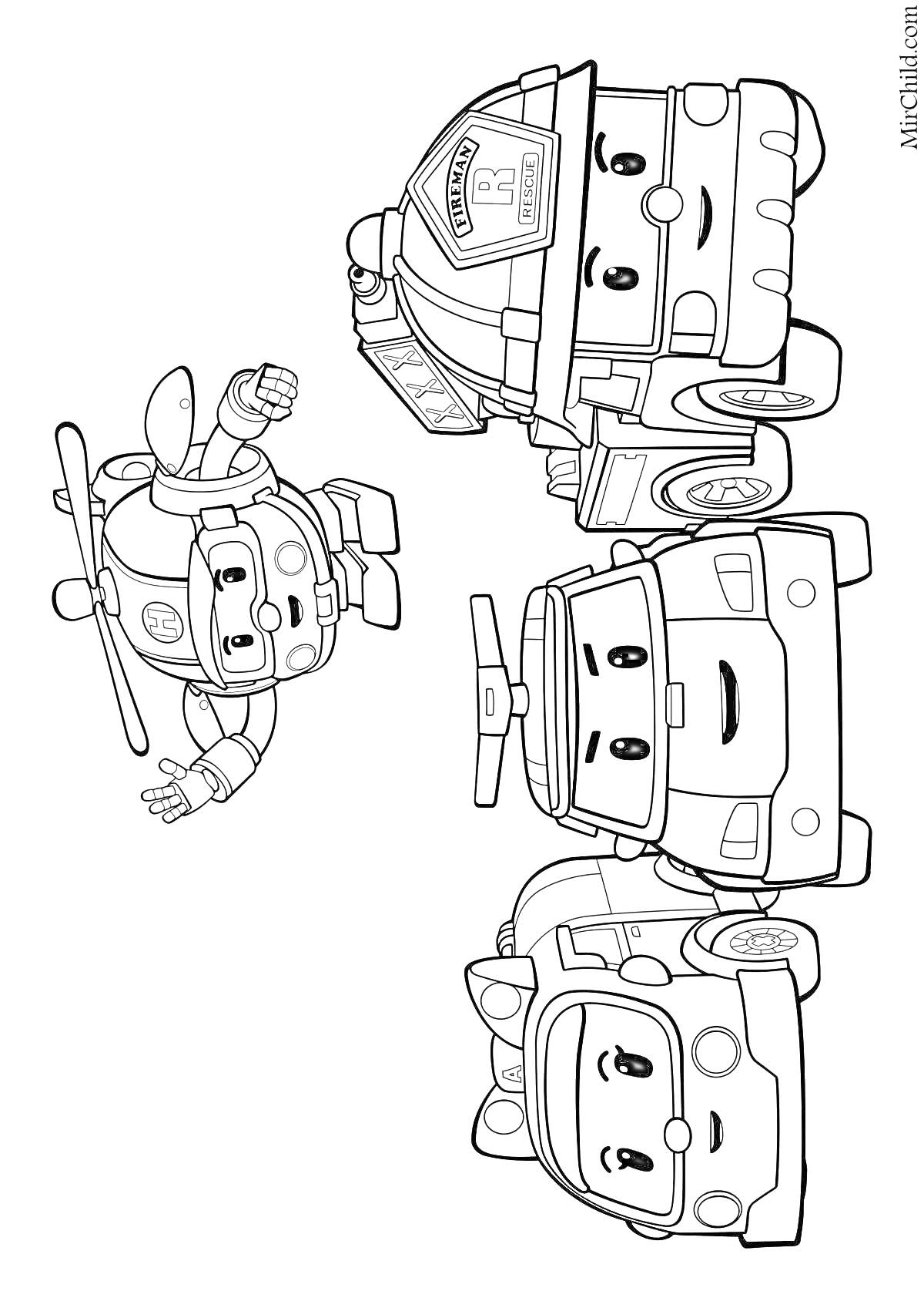 Раскраска Робокары - Эмбер, Рой, Полли и Хели