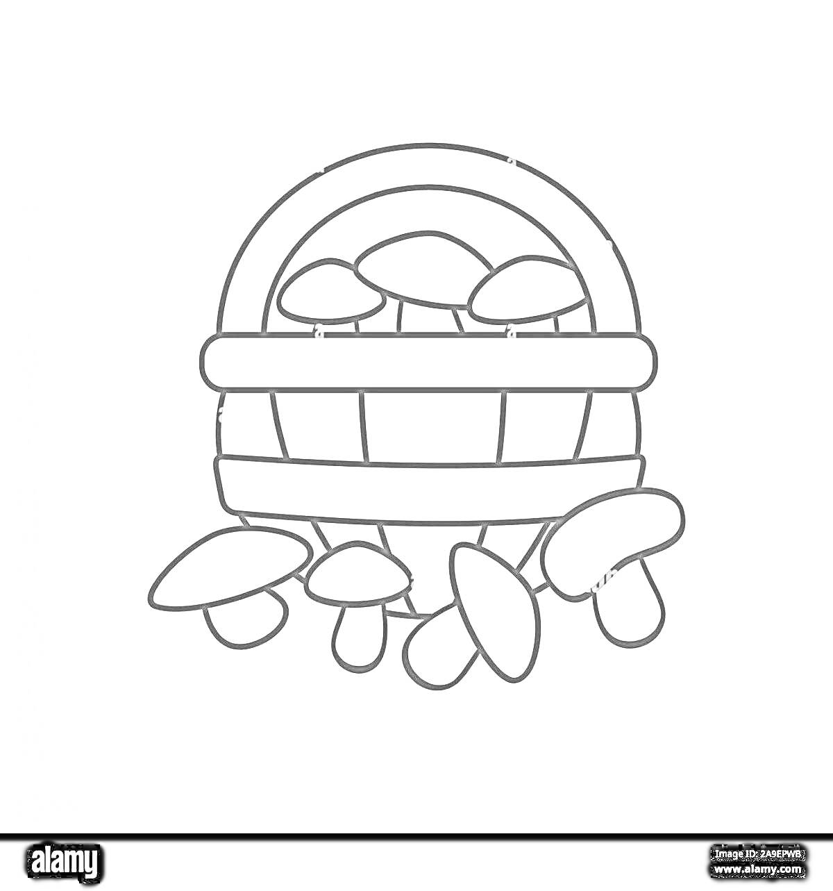 Раскраска корзина с грибами, большая корзина с ручкой, грибы внутри и снаружи корзины