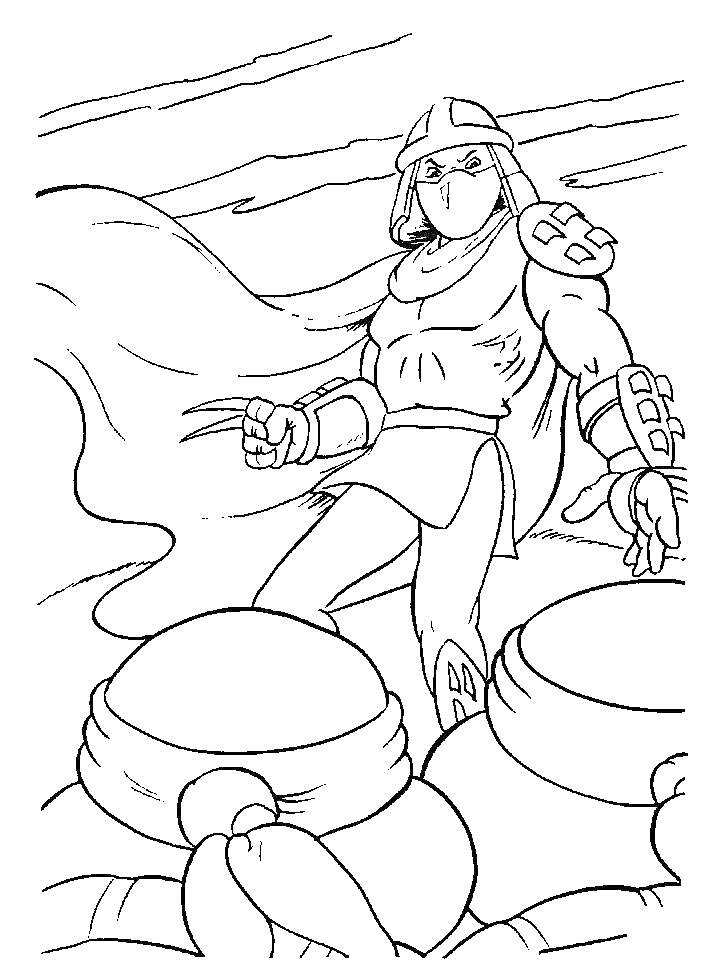 Раскраска Шреддер против черепашек-ниндзя: Шреддер стоит в атакующей позе, лицом к трем черепашкам-ниндзя