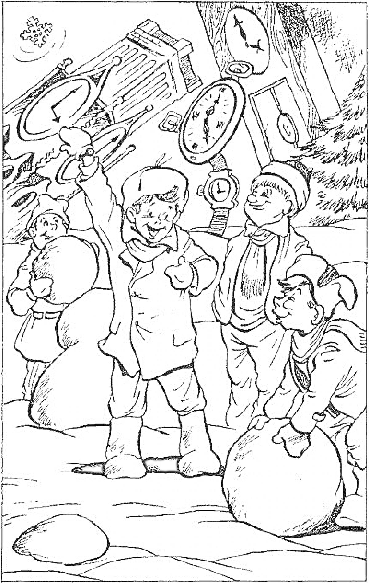 Раскраска Дети лепят снежные шары, фон из часов с циферблатами в сказочном лесу