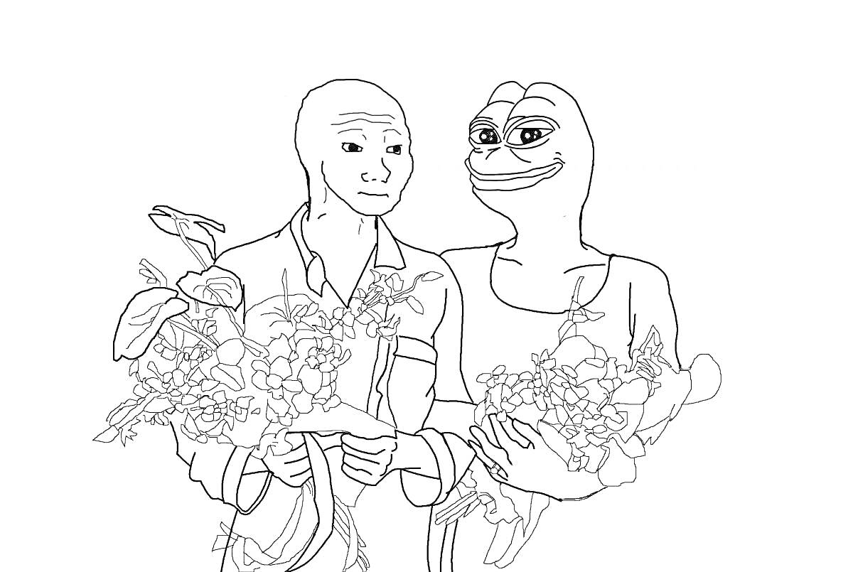 Раскраска Два персонажа в рубашке и кофте с цветами в руках