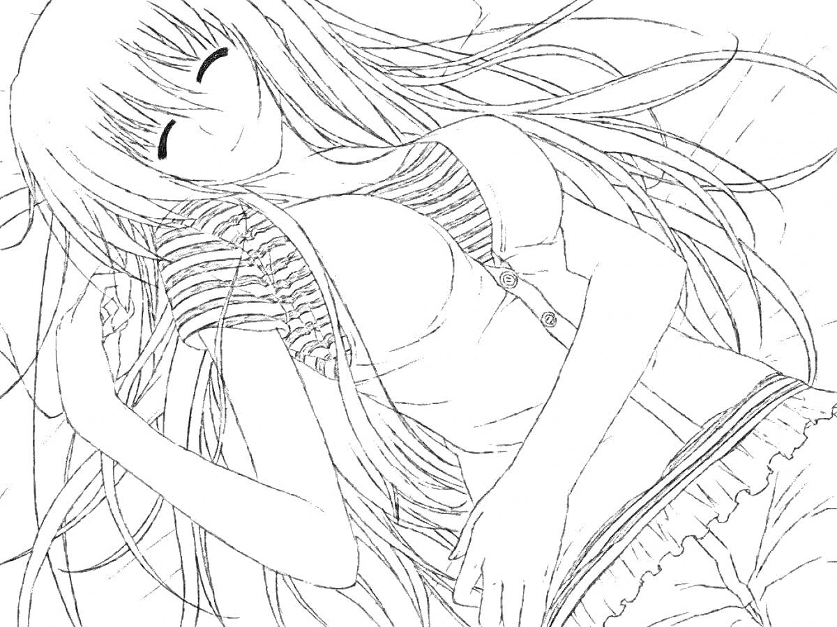 Раскраска Девушка с длинными волосами в полосатой блузке с жилетом лежит и улыбается