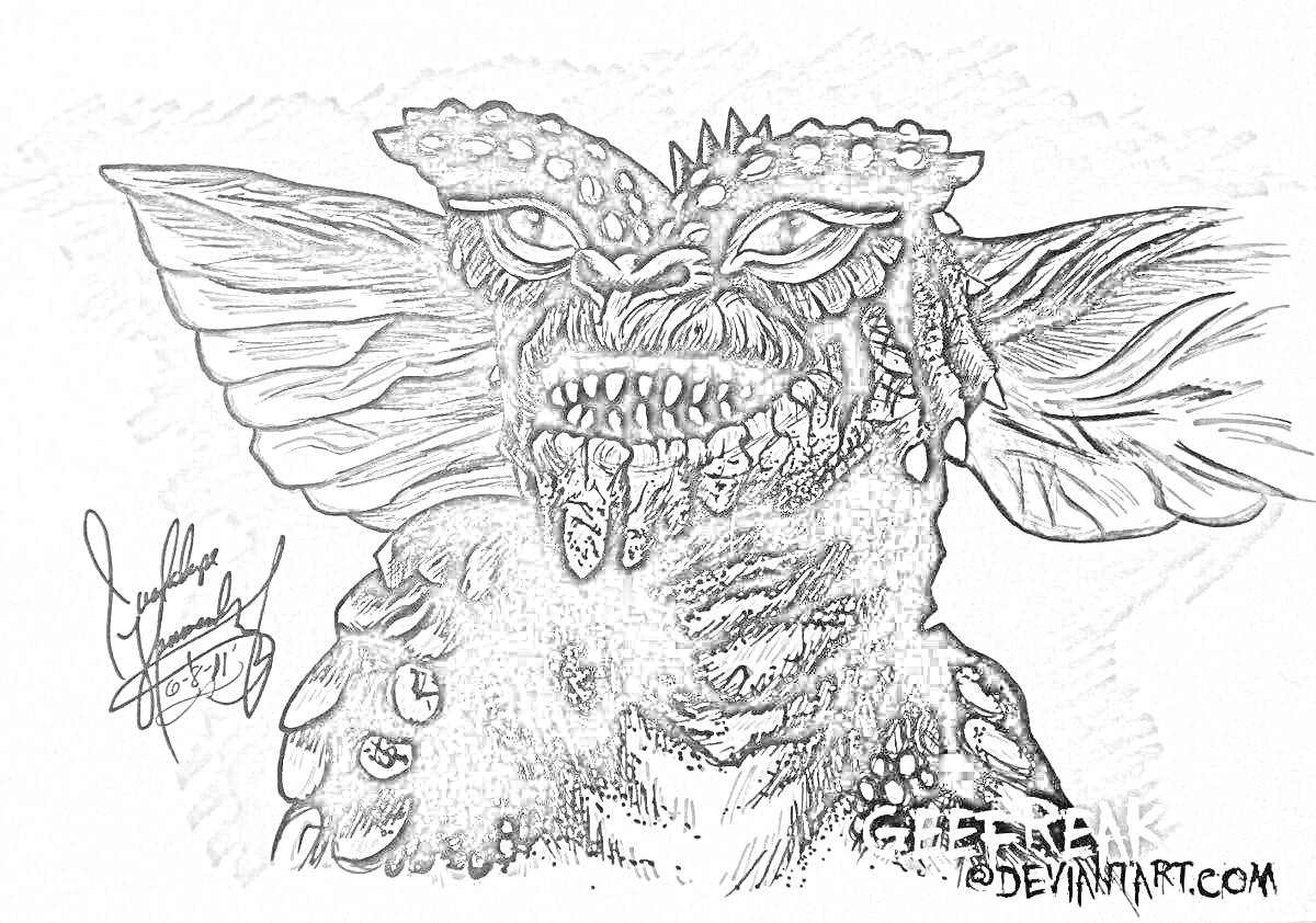 Раскраска Гремлин с множеством острых зубов, шипами на голове и большими ушами