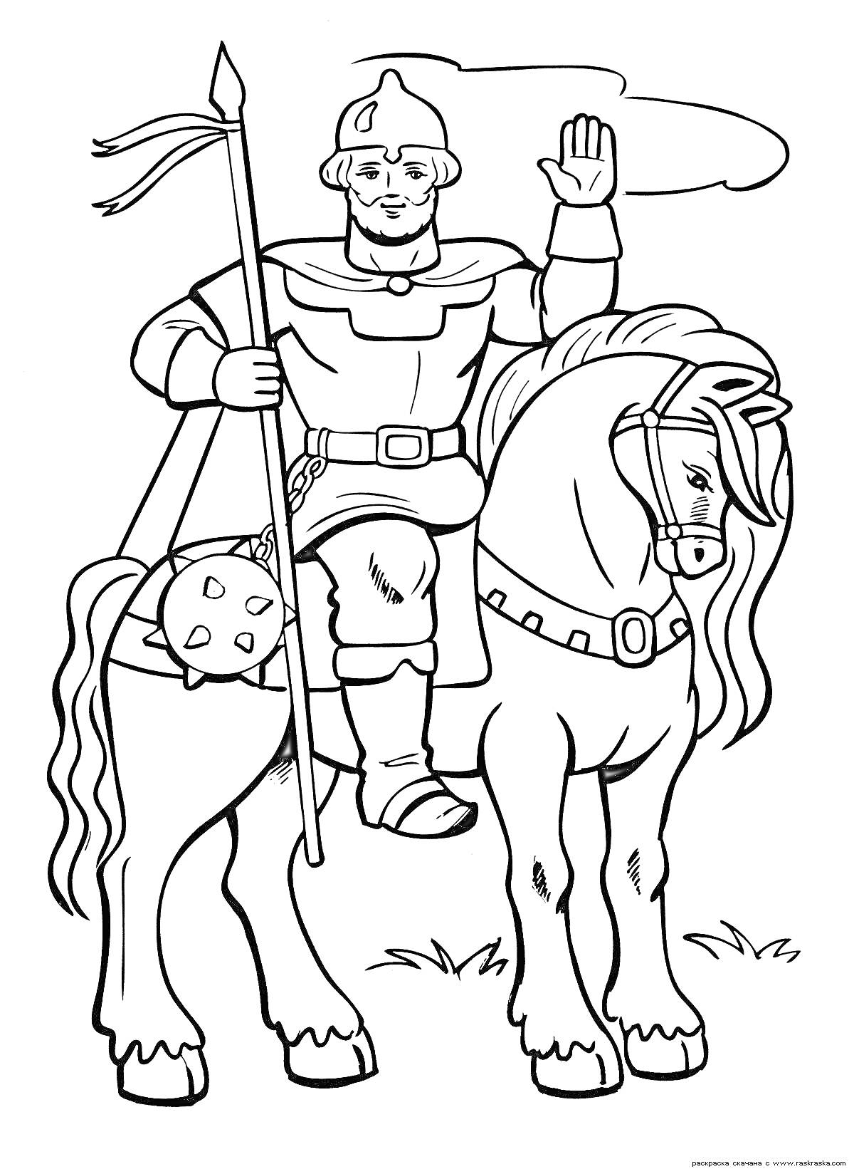 На раскраске изображено: Богатырь, Конь, Щит, Средневековье, Оружие, Воин, Копья