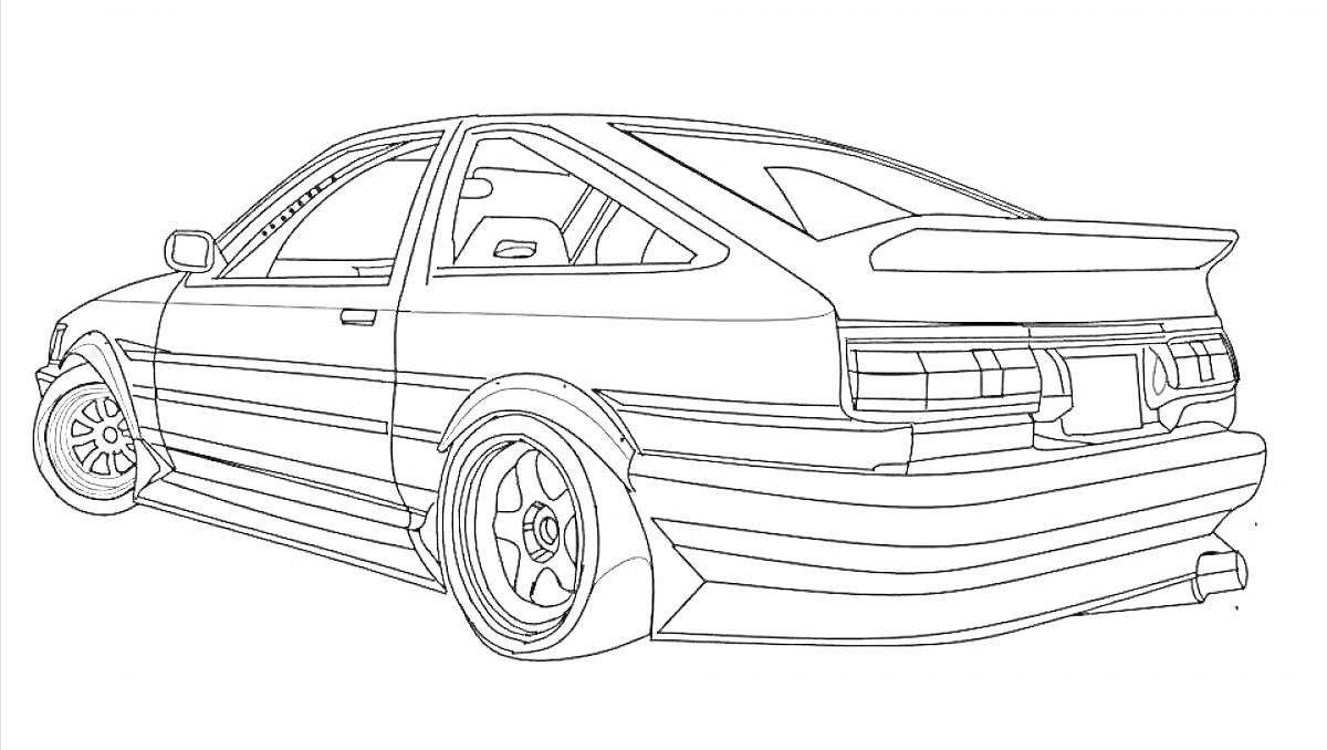 На раскраске изображено: JDM, Спойлер, Тюнинг, Колёса, Спортивный автомобиль