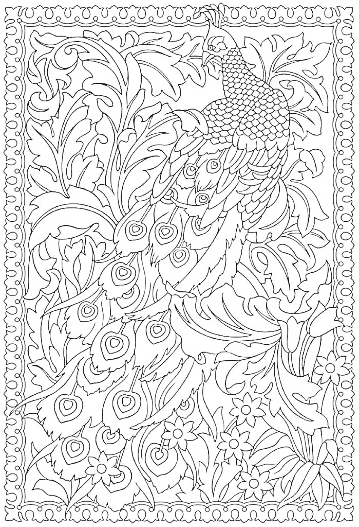 Раскраска Павлиний хвост в окружении цветов и листьев, бордюр из витажных элементов