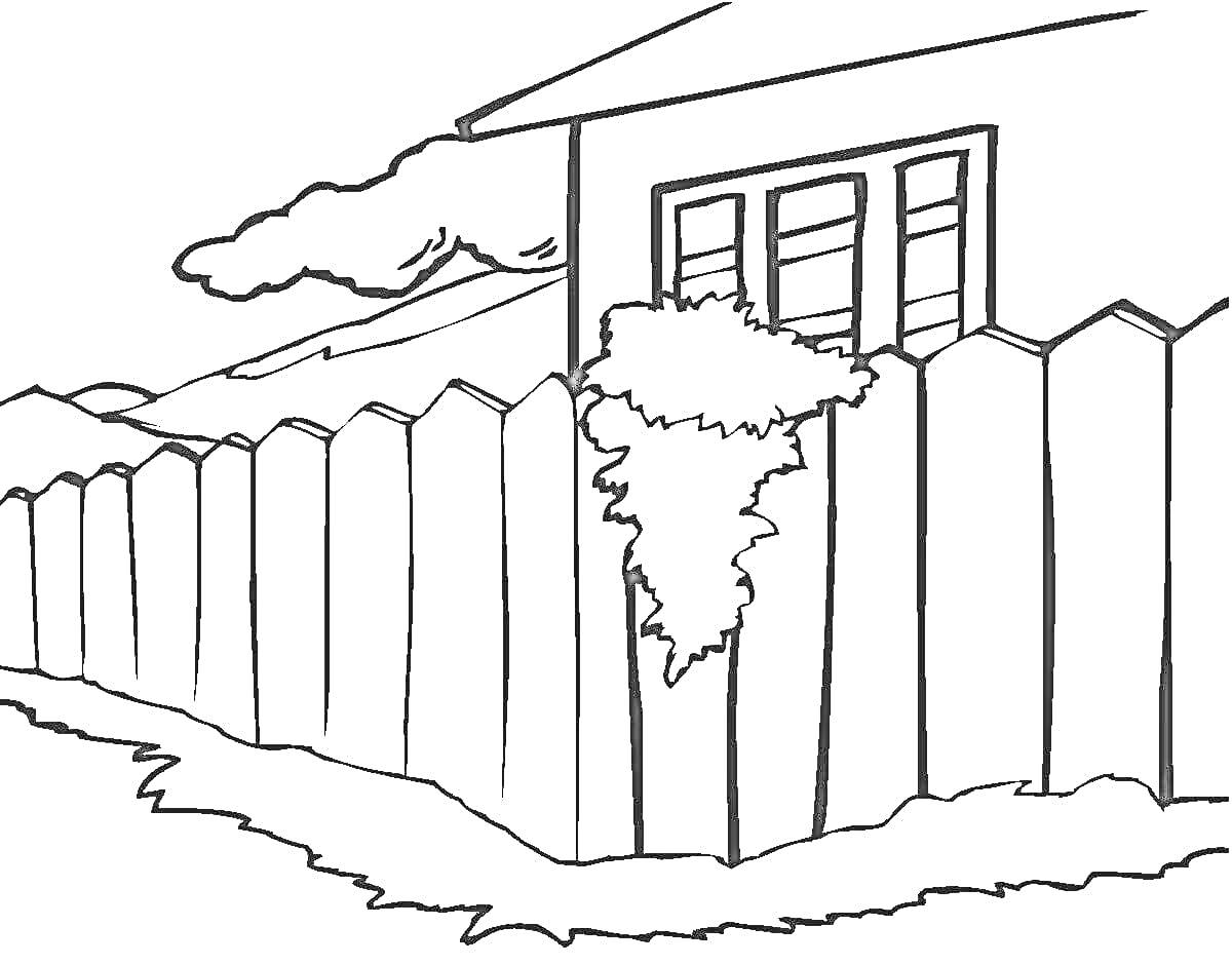Раскраска Забор около дома с кустарником и деревом, окна дома