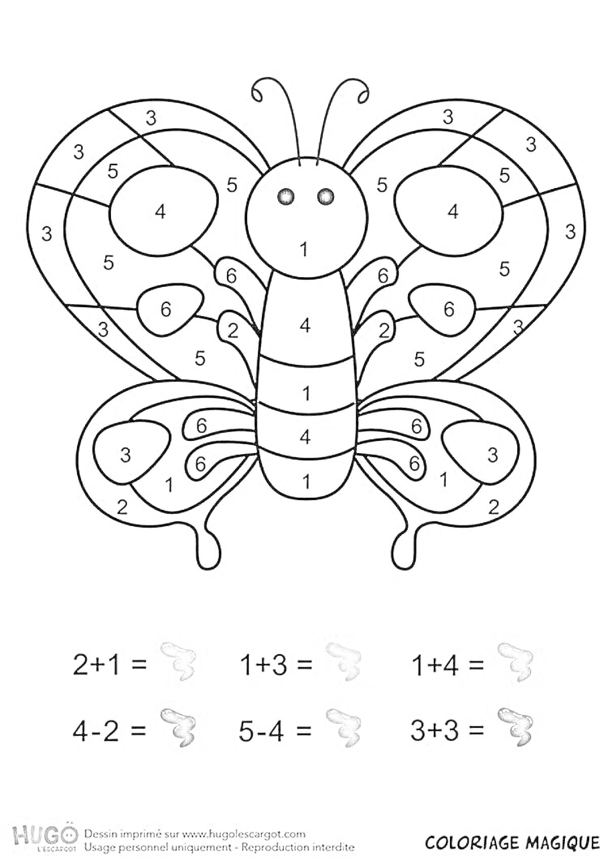 На раскраске изображено: Бабочка, По цифрам, Математические примеры, Цифры, Развивающие задания, Математика