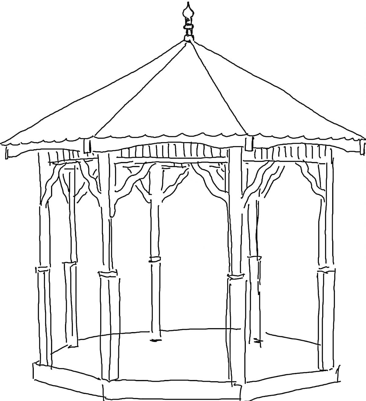 Раскраска Беседка с шестью колоннами и остроконечной крышей