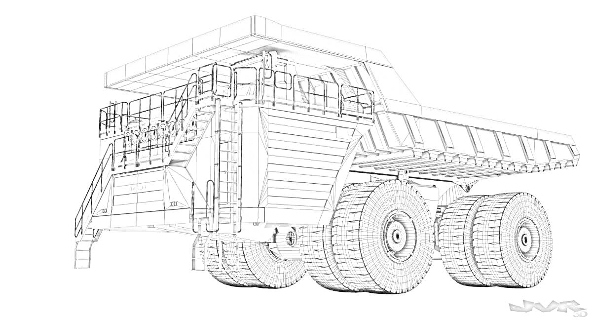 На раскраске изображено: Карьерный самосвал, Строительная техника, Большие колеса, Кузов, Лестница