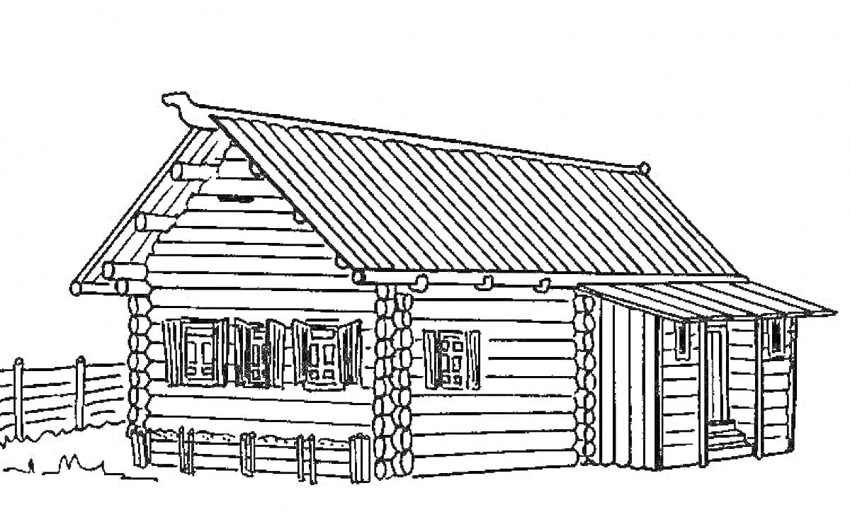 Раскраска Деревянная русская изба с крышей из досок, наличниками на окнах, крыльцом и забором