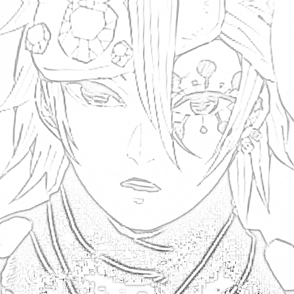 Раскраска Черно-белое изображение персонажа в маске с крупным украшением и декоративными отметками на лице