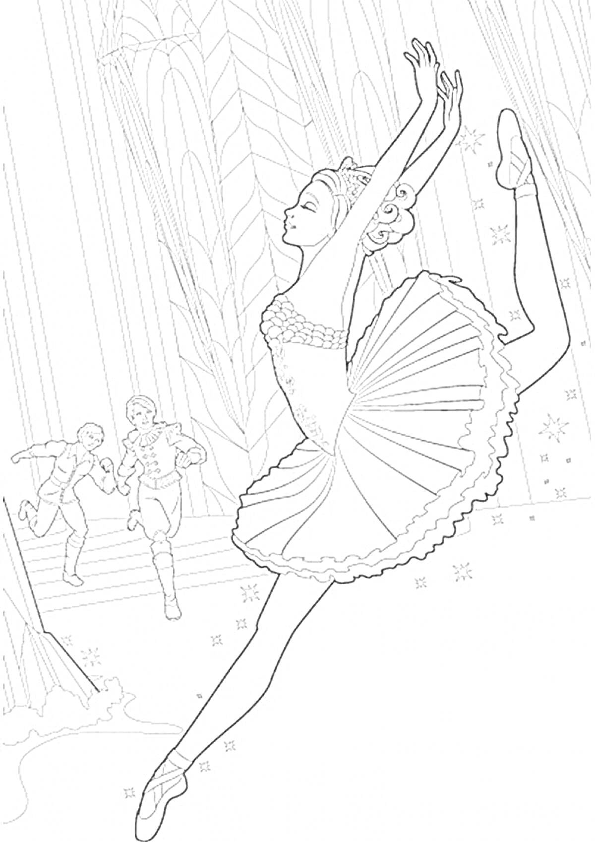 На раскраске изображено: Балет, Щелкунчик, Балерина, Лес, Балетная пачка