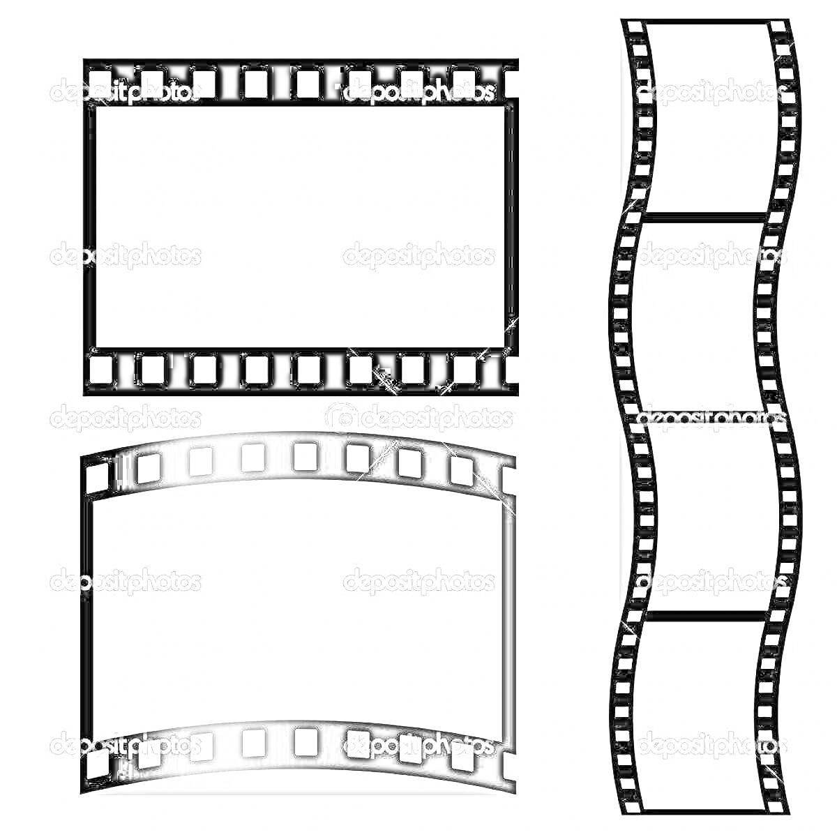 Раскраска Три кинопленки: горизонтальная прямая, изогнутая, вертикальная