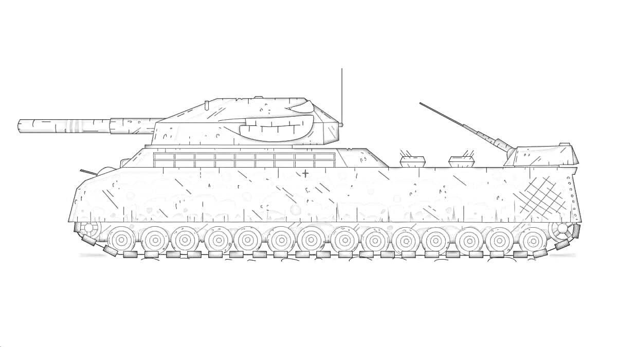 На раскраске изображено: Ратте танк, Военный танк, Оружие, Артиллерия, Гусеницы, Техника