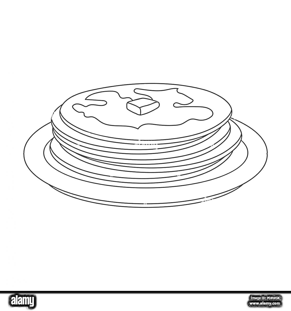 Раскраска Стопка оладий с маслом и сиропом на тарелке