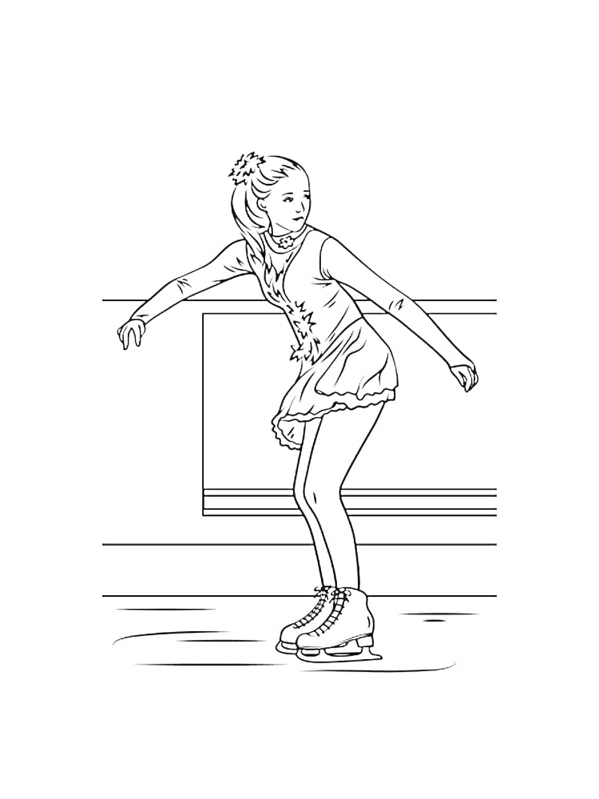 Раскраска Девочка-фигуристка в платье на льду возле бортика