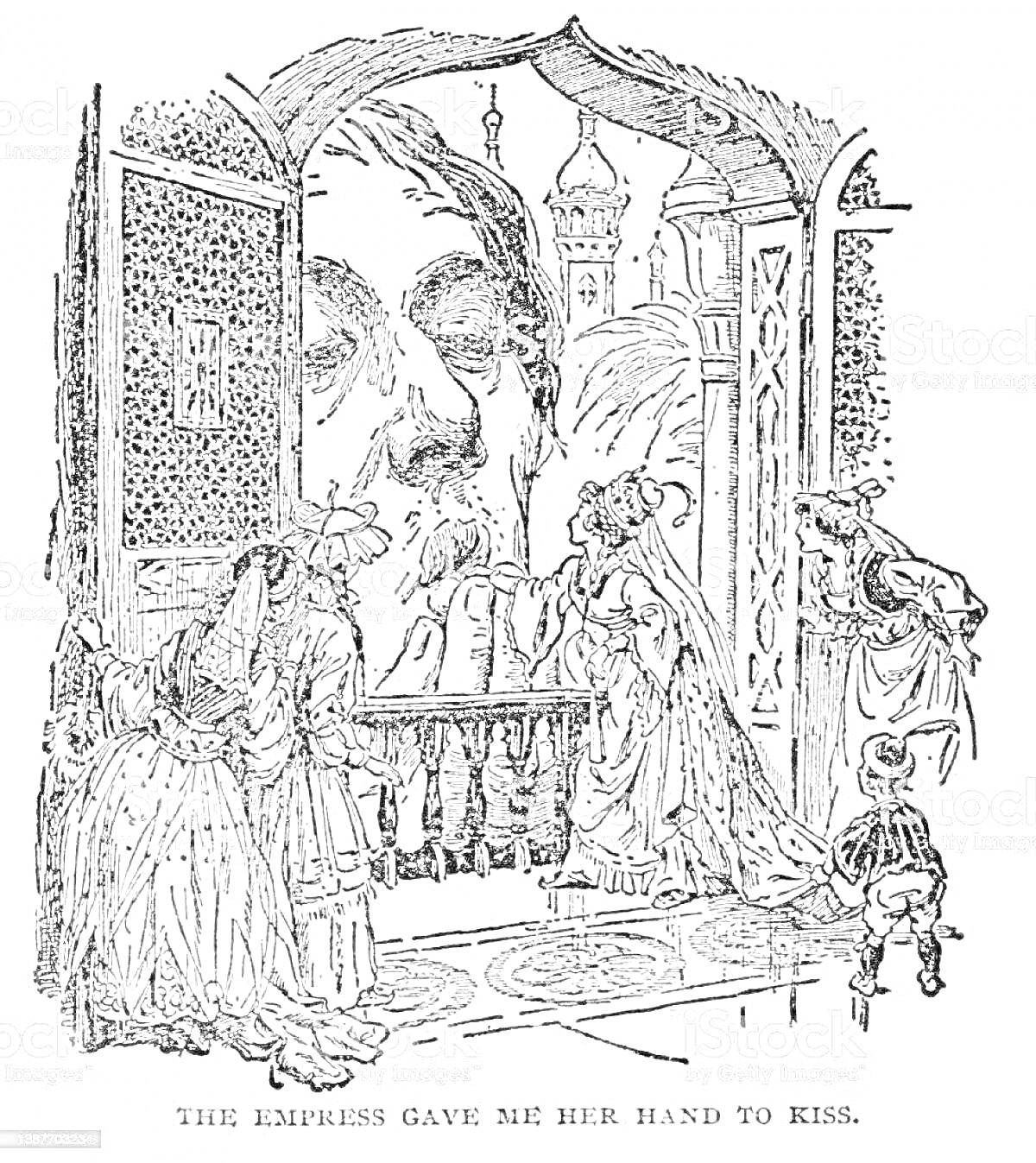 Гулливер целует руку императрицы, вид через окно на лицо Гулливера, окружающие его императрица и несколько придворных