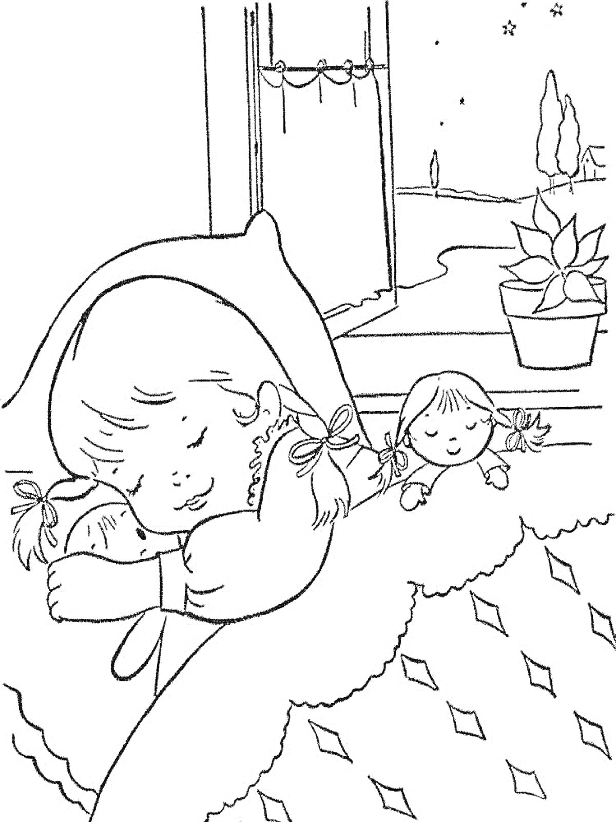 Раскраска Девочка спит с куклами возле окна