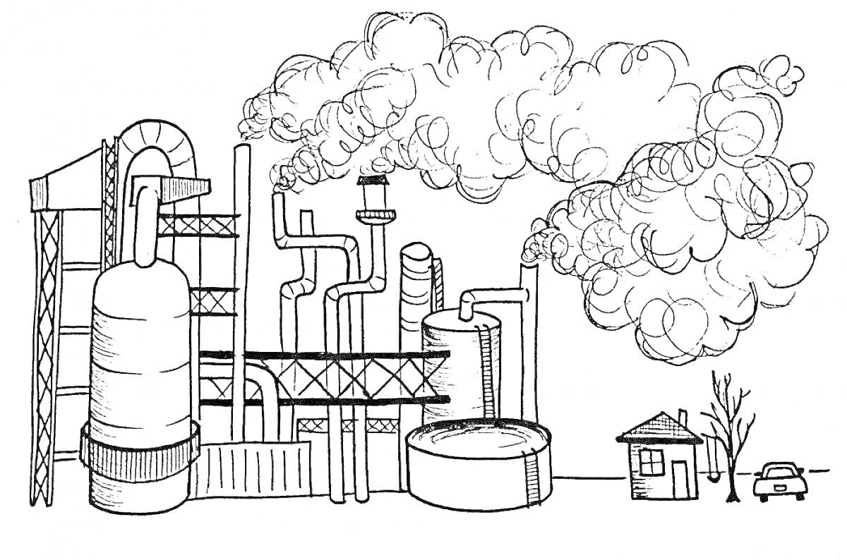 На раскраске изображено: Завод, Дым, Емкость, Дом