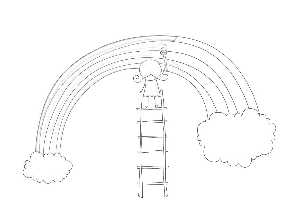 Раскраска Ребенок на лестнице раскрашивает радугу, облака с обеих сторон радуги