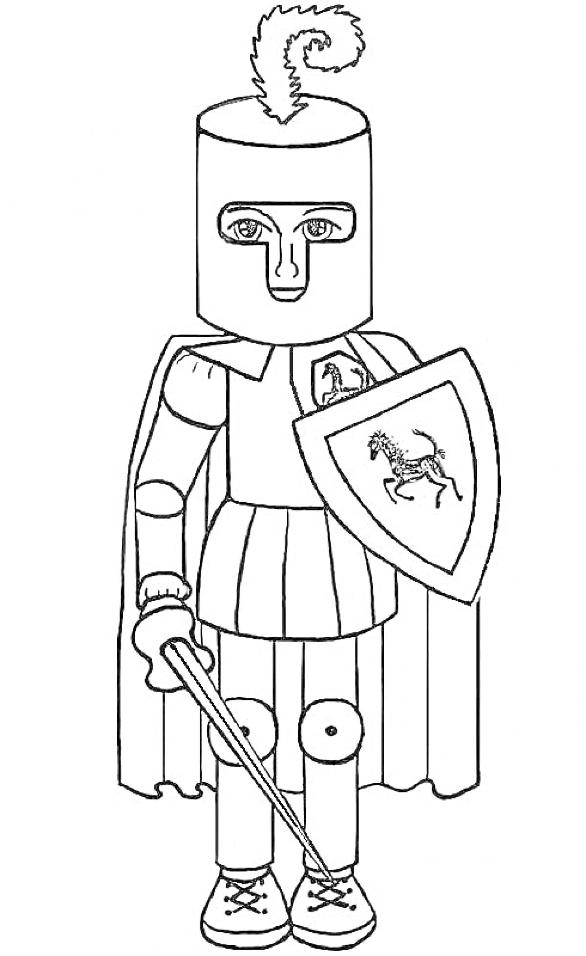 Раскраска Рыцарь с мечом и щитом, новогодний костюм, шлем с пером, накидка, ботинки