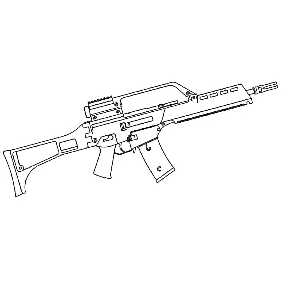 На раскраске изображено: Оружие, Автомат, Приклад, Прицел, Стрельба