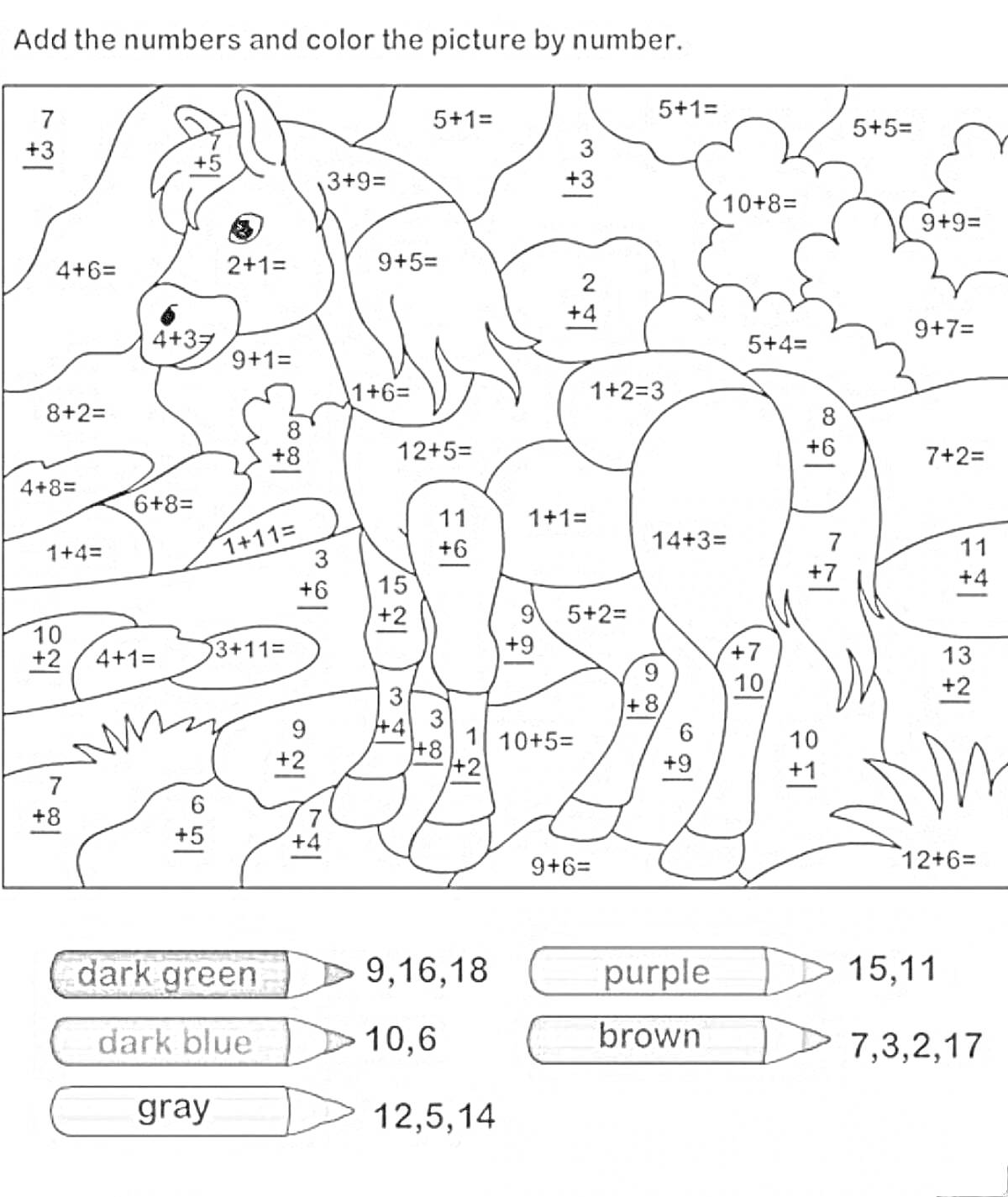Раскраска с лошадью и природой, примеры по цветам - сложение
