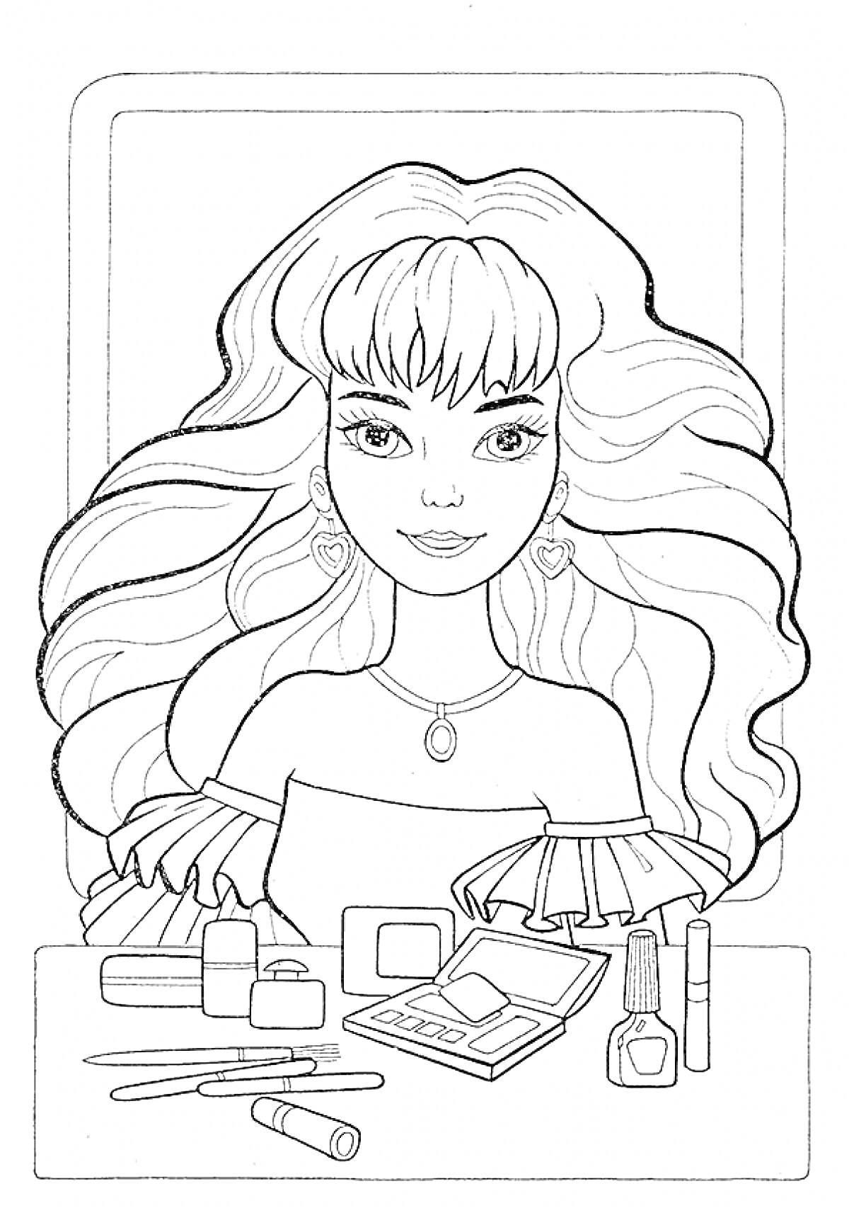 Раскраска Девушка с распущенными волосами с макияжем и косметическими принадлежностями