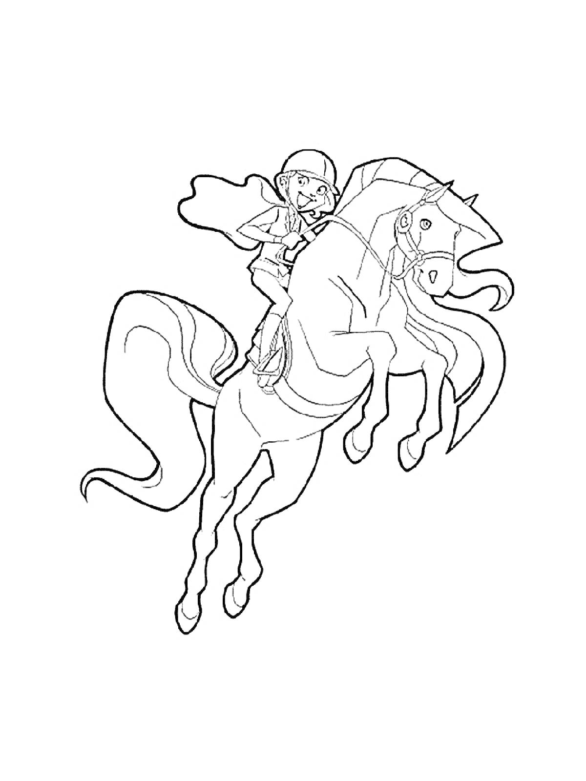 Раскраска Всадник в шлеме на скачущей лошади
