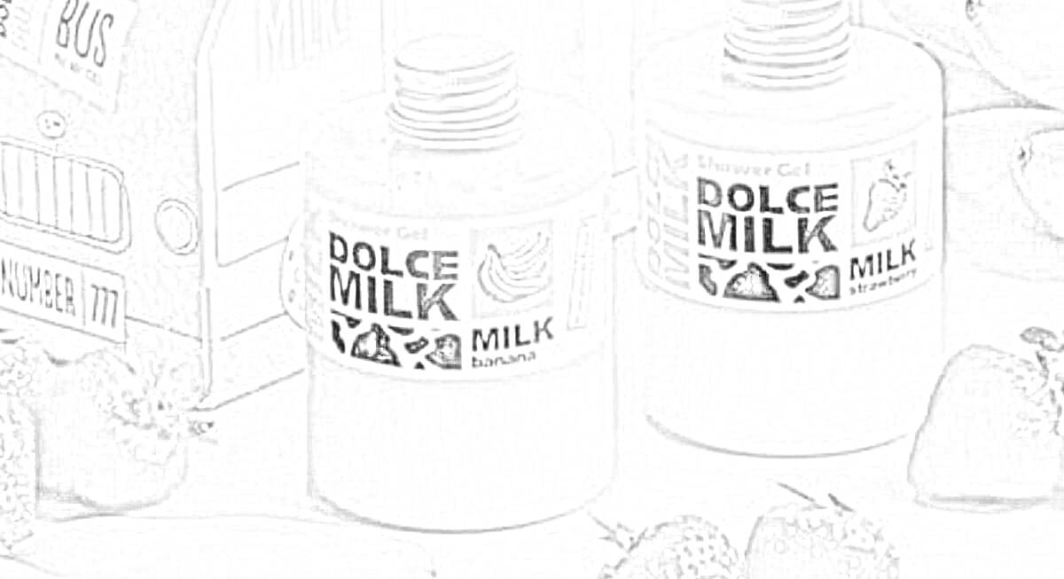 На раскраске изображено: Dolce Milk, Банан, Клубника, Молоко, Упаковка, Косметика, Флаконы, Этикетка