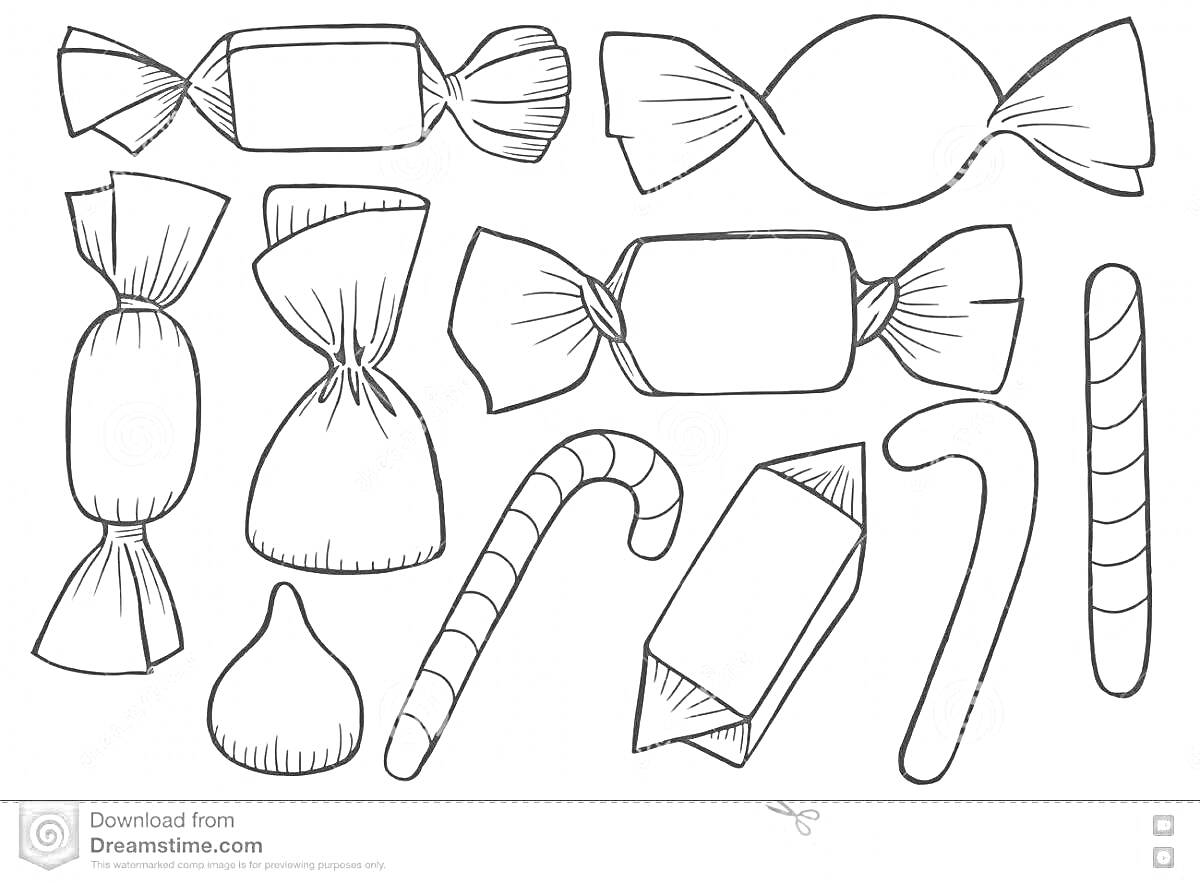 На раскраске изображено: Карамель, Обертки, Сладости, Кондитерские изделия