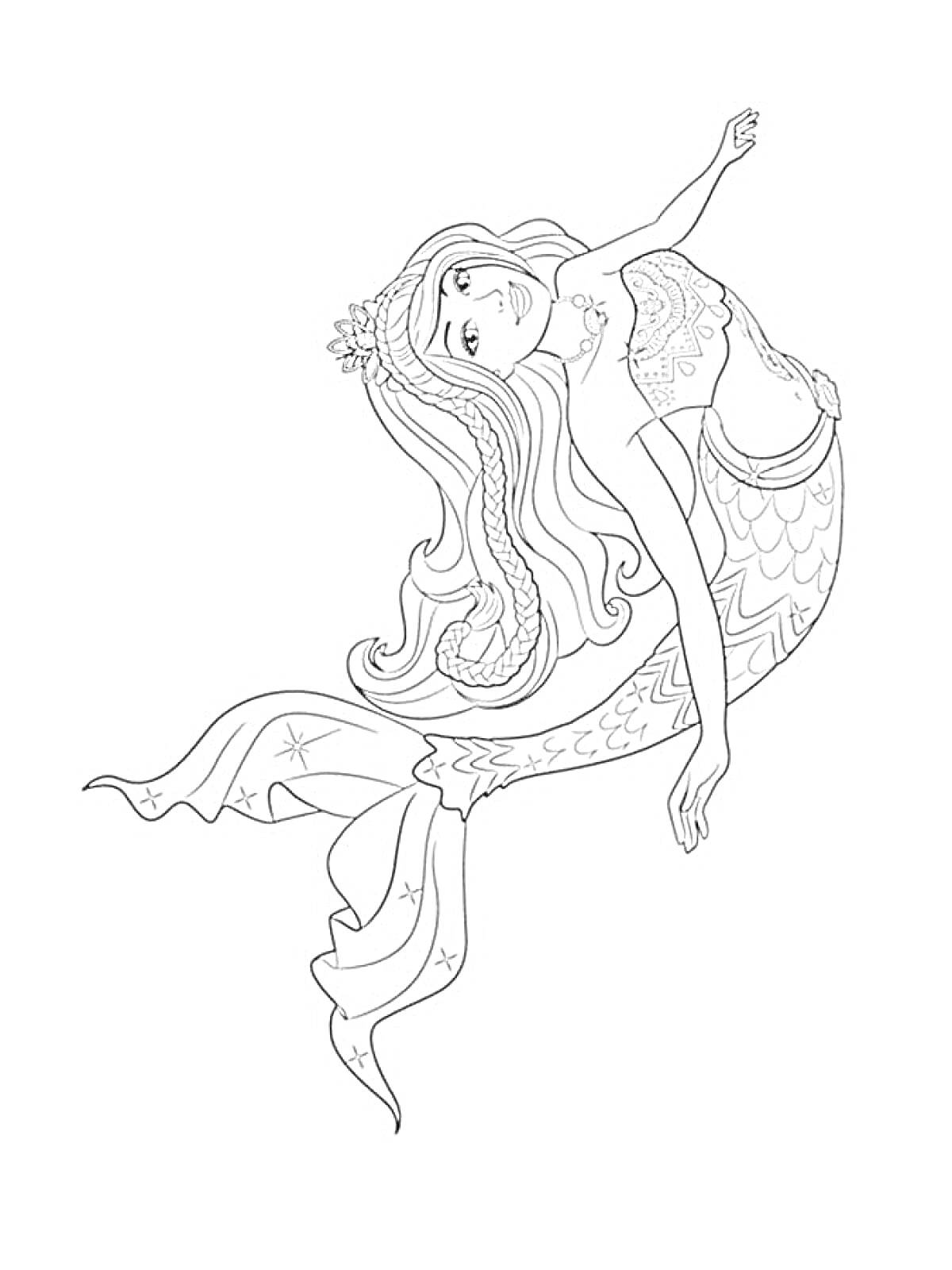На раскраске изображено: Барби, Русалка, Длинные волосы, Чешуя, Хвост, Подводный мир