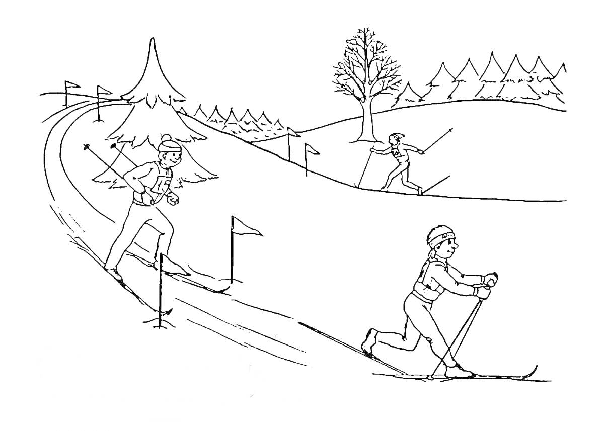 На раскраске изображено: Лыжник, Лыжи, Снег, Зимний спорт, Деревья, Холмы, Природа, Активный отдых, Для детей, Флаг