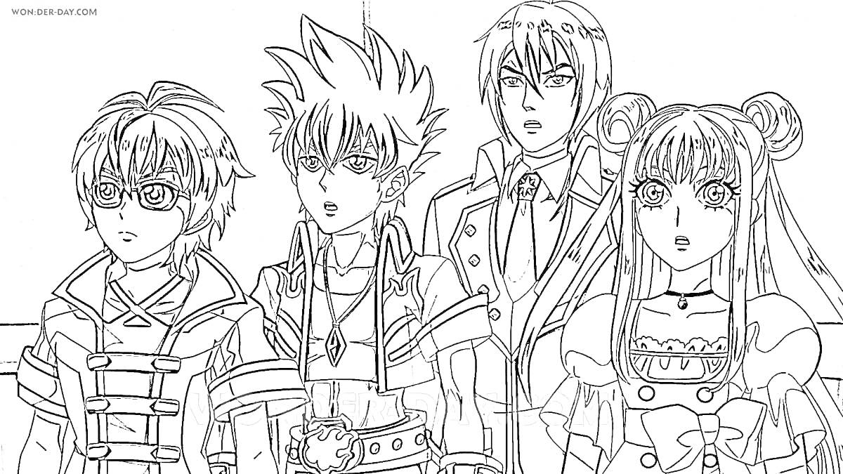 Раскраска Четыре персонажа из аниме с уникальными прическами и костюмами