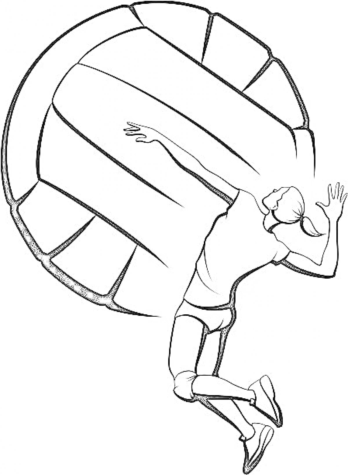 Раскраска Волейболистка во время прыжка и большой волейбольный мяч