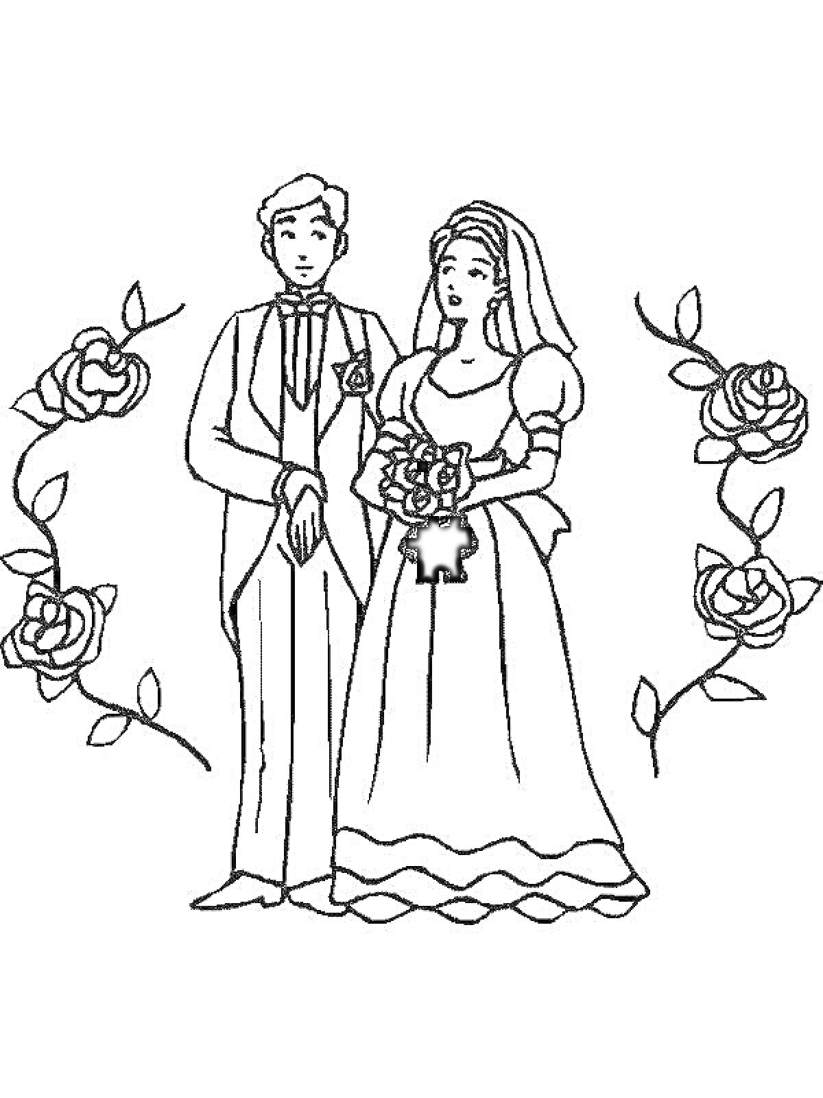 На раскраске изображено: Свадьба, Жених, Невеста, Розы, Цветы, Церемония, Любовь