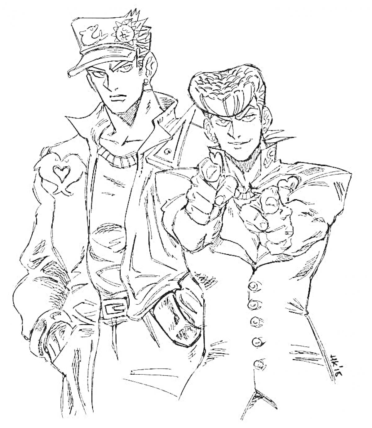 Раскраска Два персонажа из JoJo's Bizarre Adventure, один стоит с руками в карманах, другой целится пальцем вперед, оба в костюмах с характерными элементами