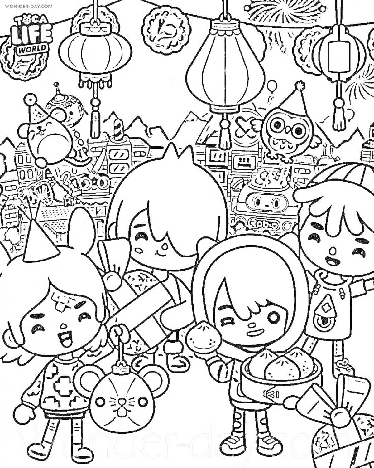 Раскраска Праздник в городе с китайскими фонариками, персонажами и пирожками