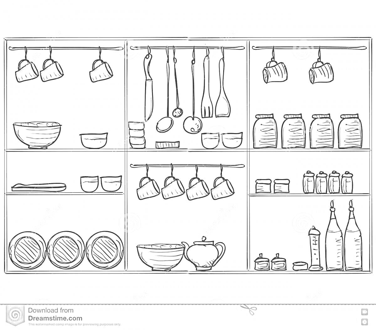 На раскраске изображено: Кухонный шкаф, Чашки, Кухонная утварь, Полки, Посуда, Кухня, Специи